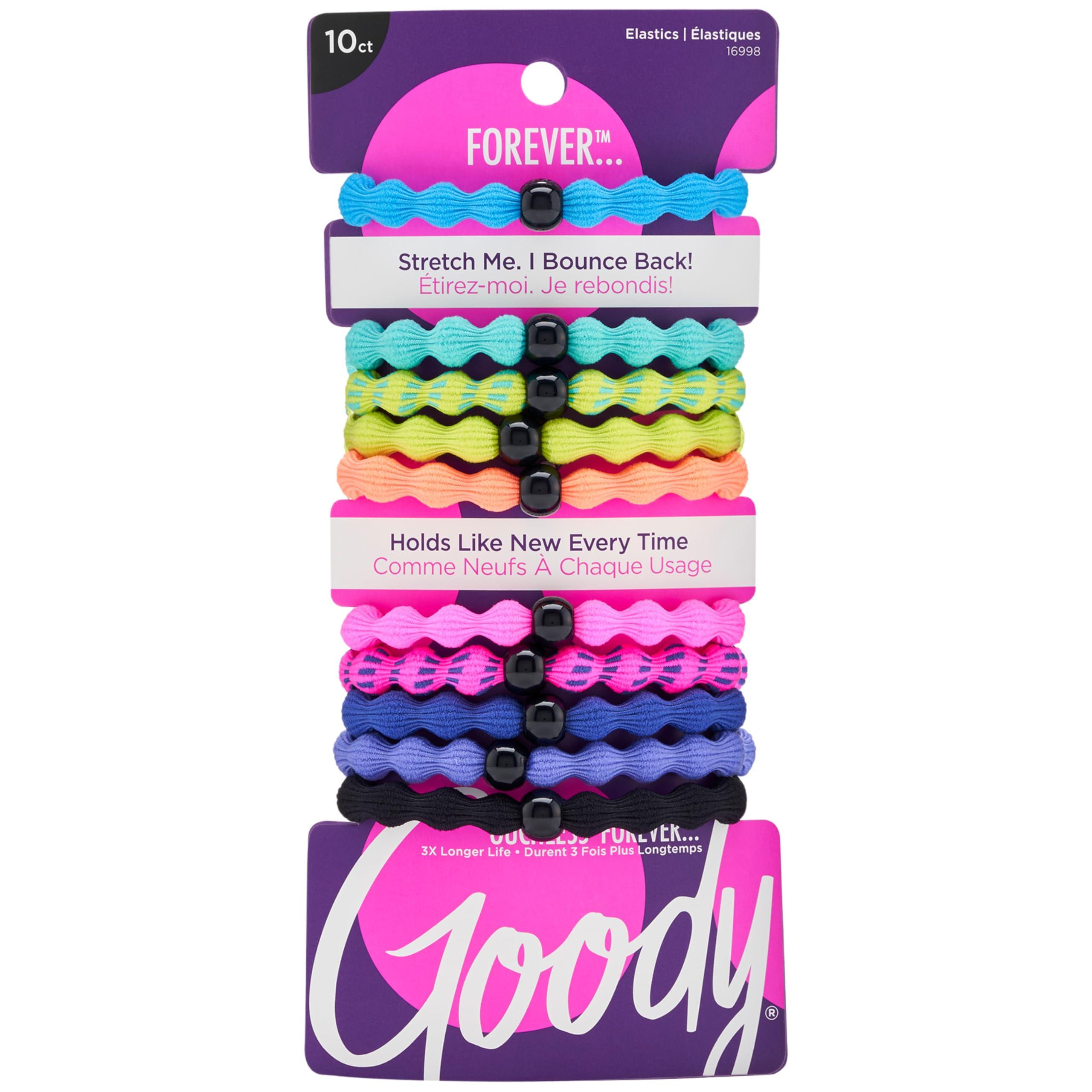 GOODY Goody Ouchless Forever Hair Elastics - 10 Ct, Assorted Neon, Damage-Free Bands, 3X Stronger Hair Ties, Retainable Shape, 16 Strand Inner Core, Hair Accessories for Women & Men, All Hair Types
