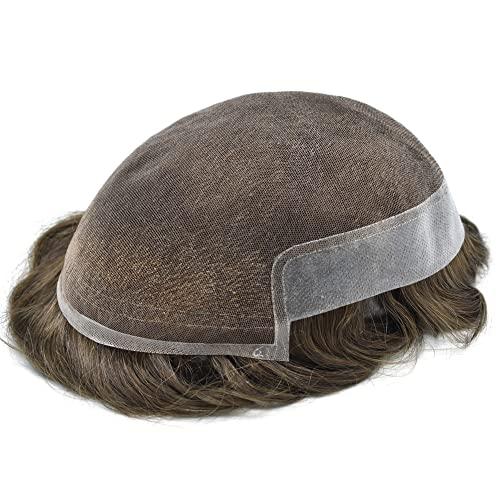 LHC HAIR Toupee For Men Hair System Swiss Lace Hair Pieces Human Hair Mens Toupee Men Hair Replacement System (8 * 10", 5# Medium Light Brown-100% light to medium Density)