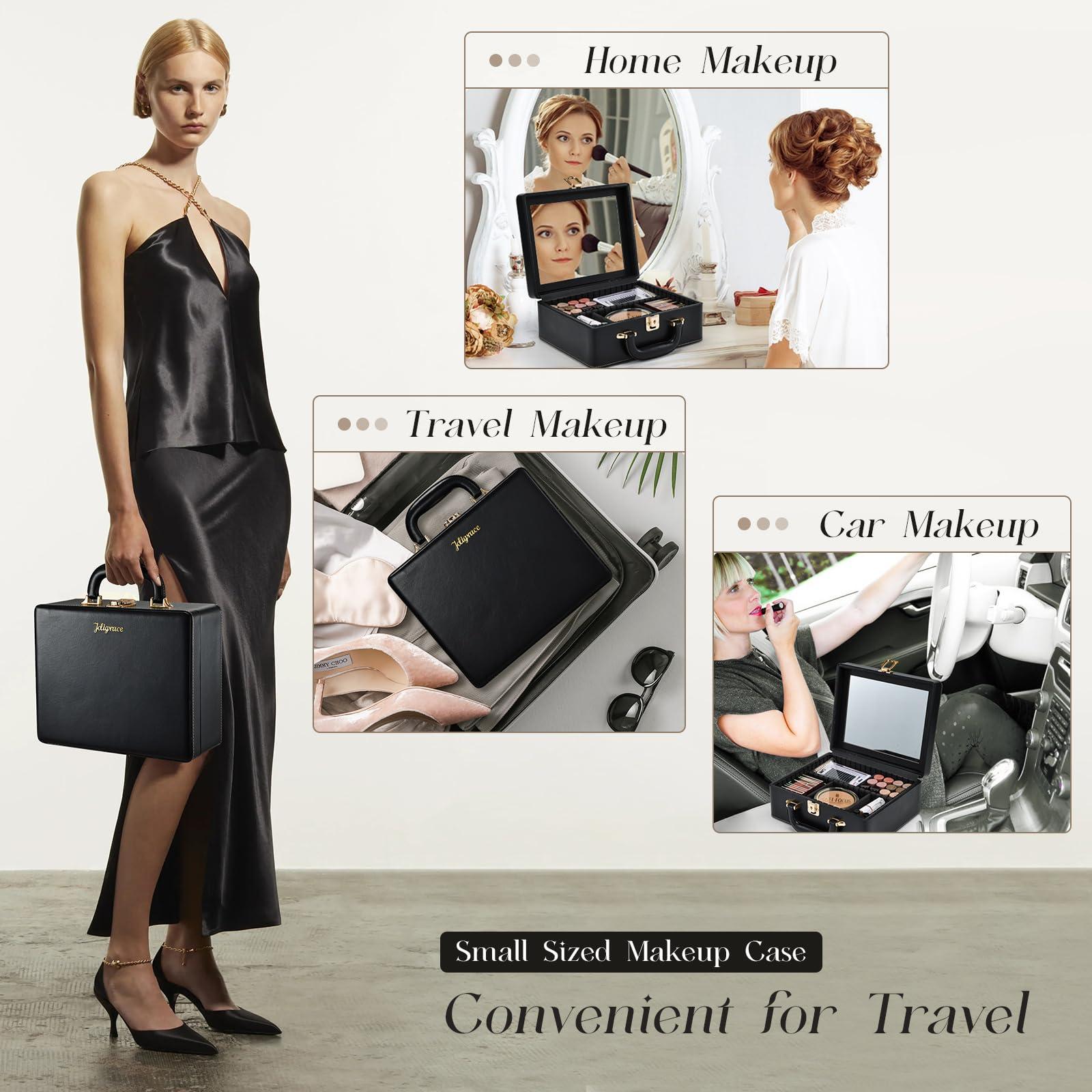 Joligrace Joligrace Travel Makeup Case, Travel Makeup Organizer Case with Mirror, Makeup Train Case Leather Portable Makeup Box Storage Bag,with Adjustable Dividers & Brush Holder (Black)