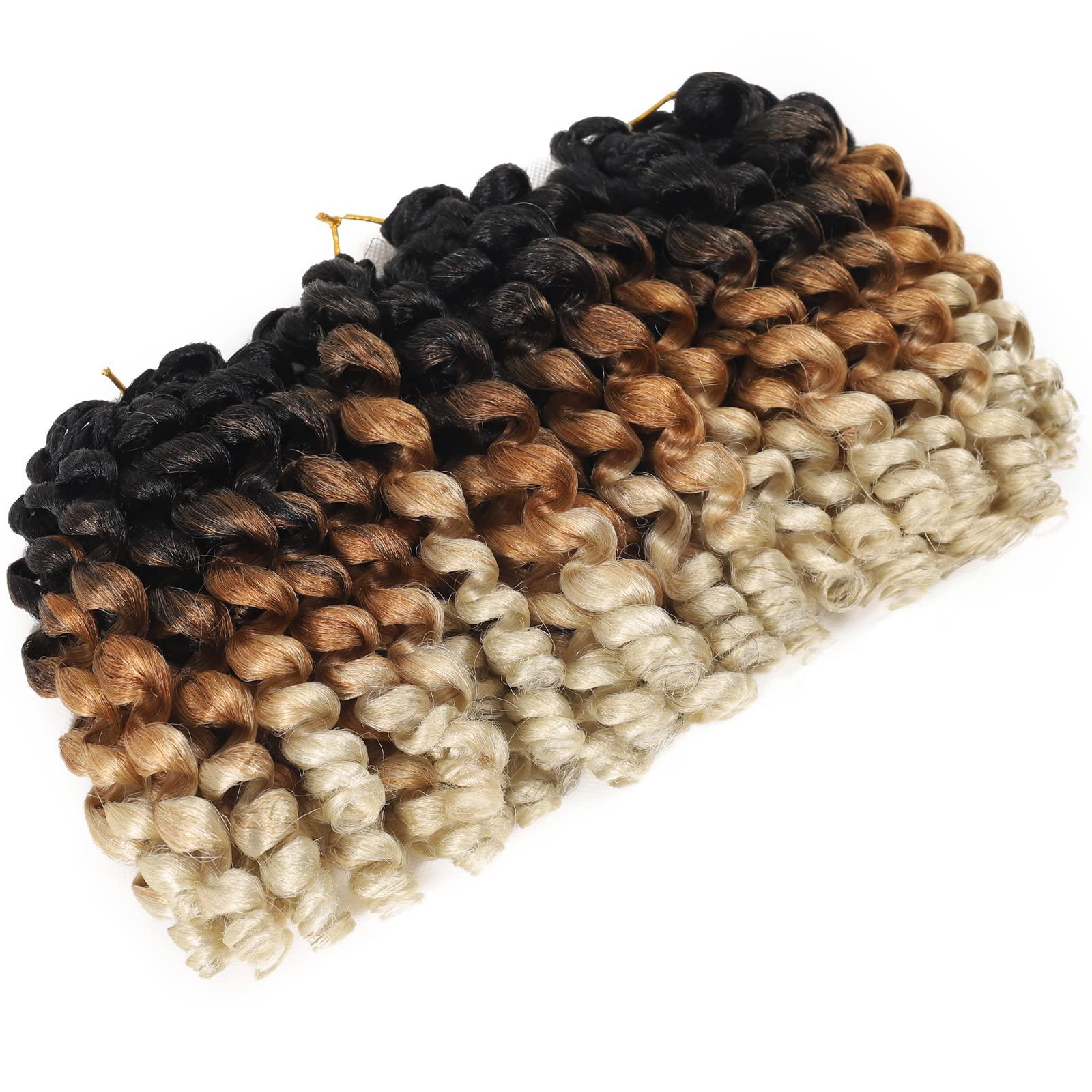 Svolna Jamaican Bounce Crochet Hair Extensions 8 inch Ringlet Wand Curl Crochet Hair 3 Tone Blonde Ombre Curly Crochet Braids Grey Crochet Braiding Hair 60 Roots