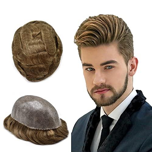 JUSTHAIR Toupee for Men Hair Replcement System Mens Toupee Full Poly Thin Skin Human Hair Piece All PU Injection Toupee Hair Systems (8X10", 1720 17# DARK ASH BLONDE WITH 20% SYNTHETIC GREY)