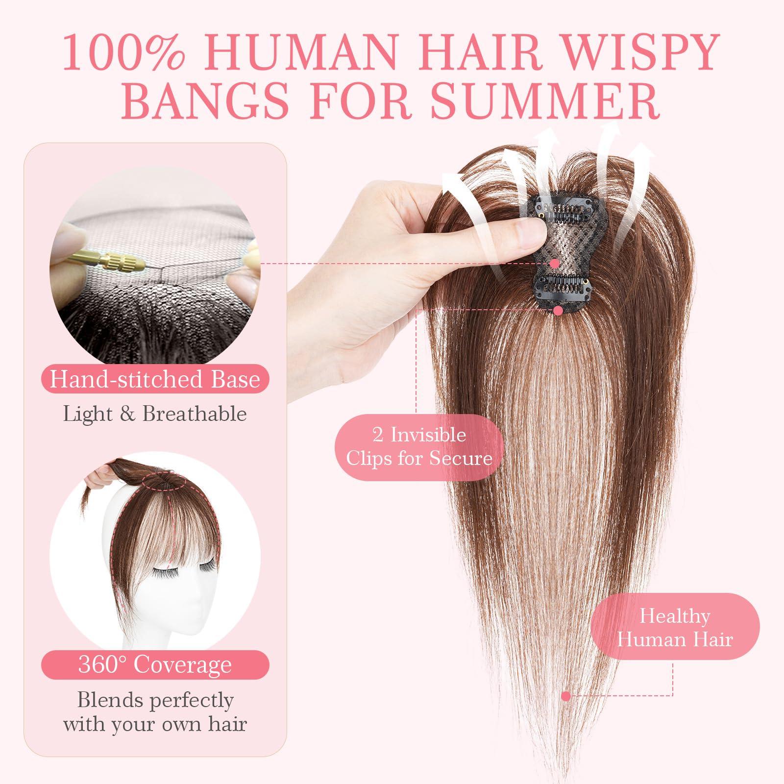 Hairro Hairro Clip in Bangs 100% Real Human Hair, Wispy Bangs 360 Cover 3D Clip on Hair for Women, Fake Bangs Air Bangs for Daily Wear Hairpieces Hair Extensions, 8 Inch Dark Brown