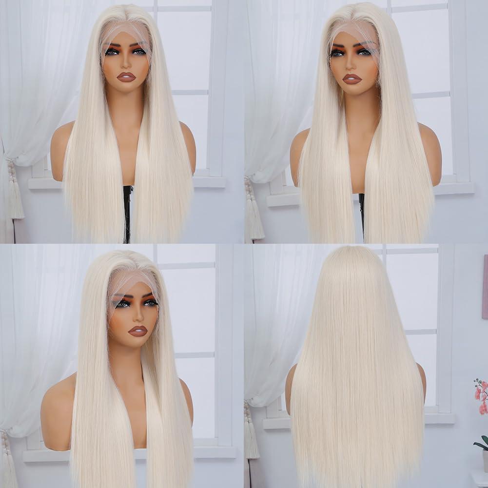 Veally Platinum Blonde Synthetic Lace Front Wig Pre Plucked Ready to Wear 13x4 HD Glueless Straight Lace Front Wig for Women Natural Looking Synthetic Heat Resistant Fiber Platinum Blonde Wig (26 Inch)