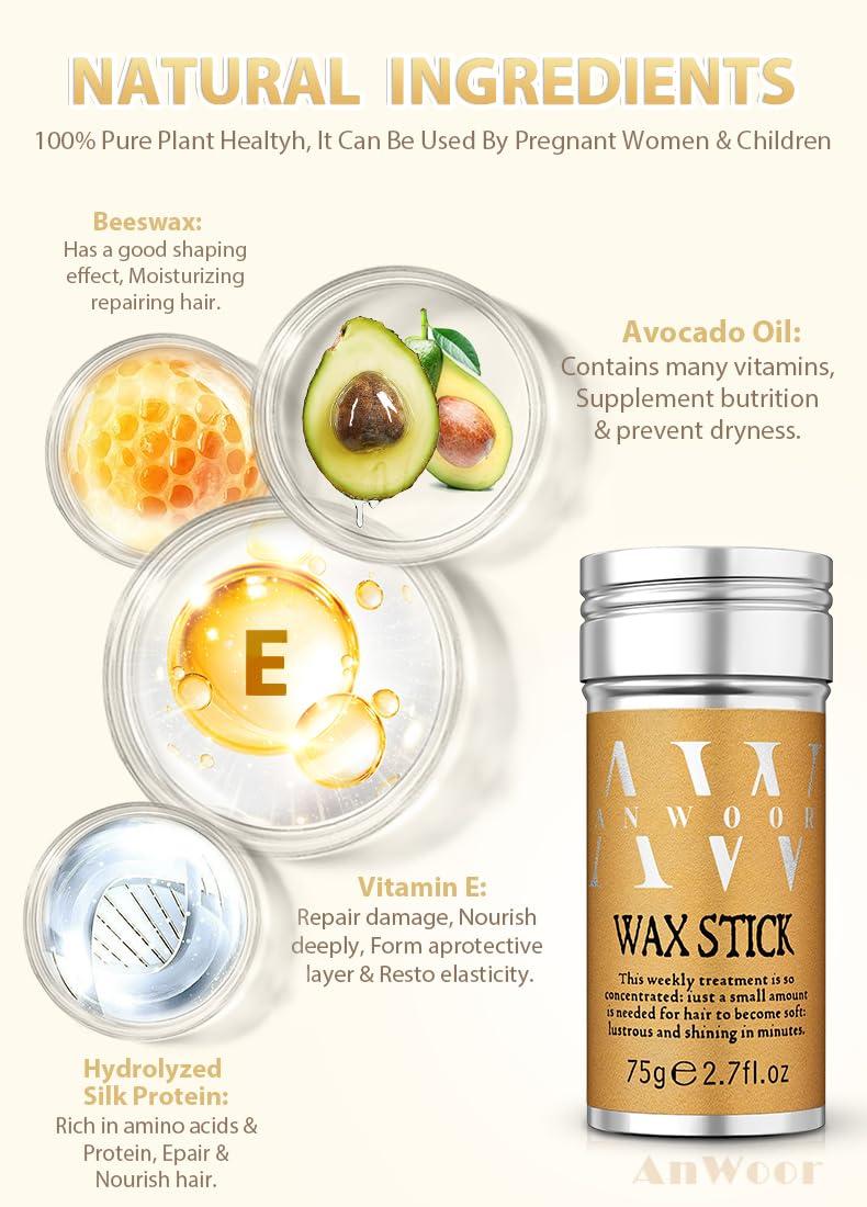 AnWoor Hair Wax Stick, 2PCS - Wax Stick For Hair Slick Back Stick For Hair Fly Away & Edge Frizz, Easy to Absorb & No White Chips & No-Greasy & Frizz Hair