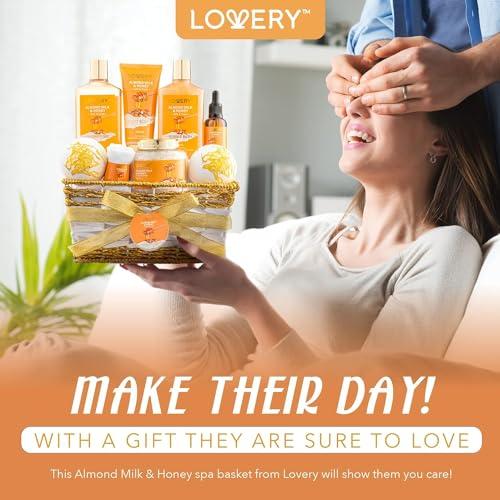 LOVERY Gift Basket for Women - 10 Pc Almond Milk & Honey Beauty & Personal Care Set - Home Bath Pampering Package for Relaxing - Spa Self Care Kit - Thank You, Birthday, Mom, Anniversary Gift