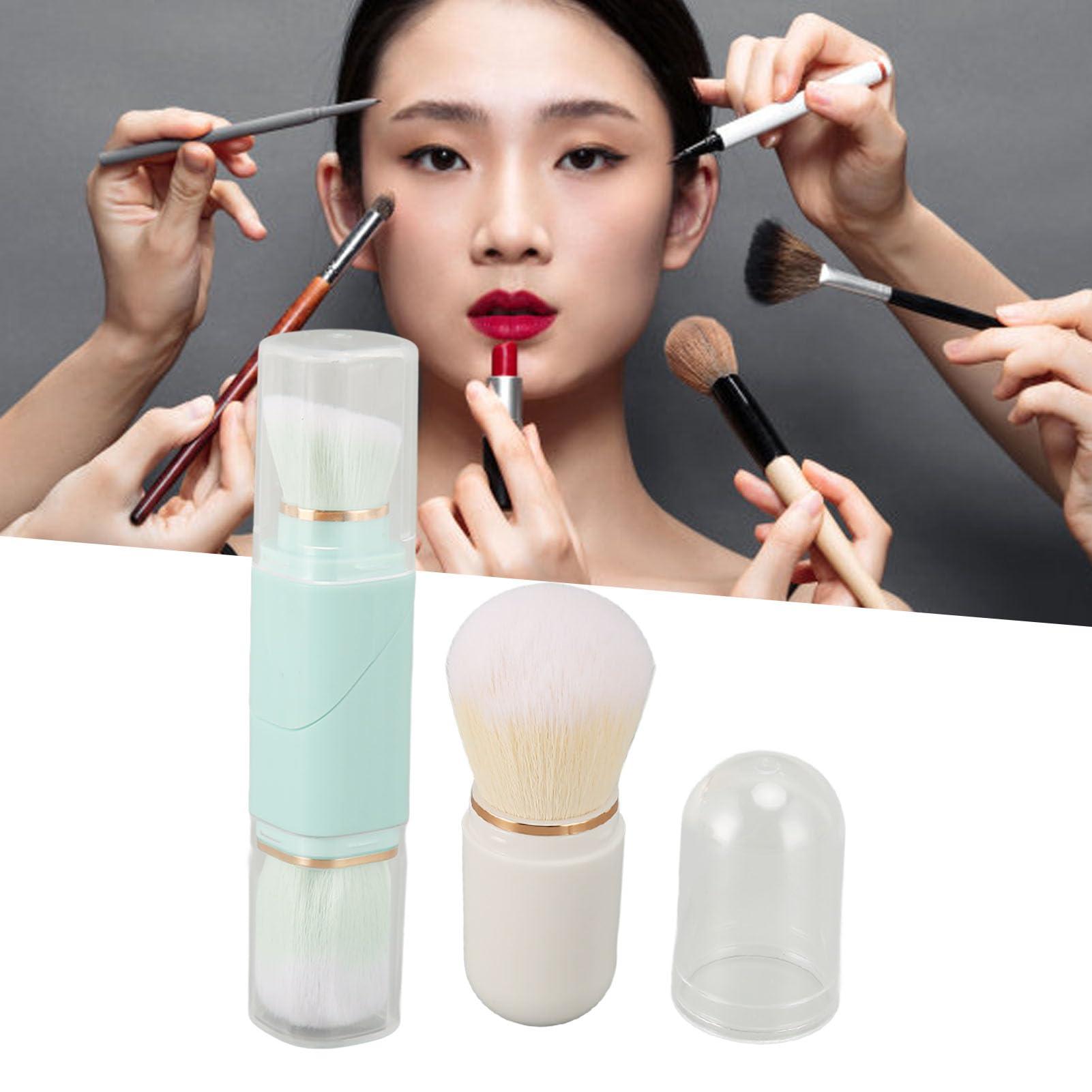 Tissting Retractable Brush Travel Makeup Brush, Travel Double Ended Foundation Powder Blush Brush, Capsule Shape Makeup Brush with Cover, Makeup Brushes Set(Blue White)