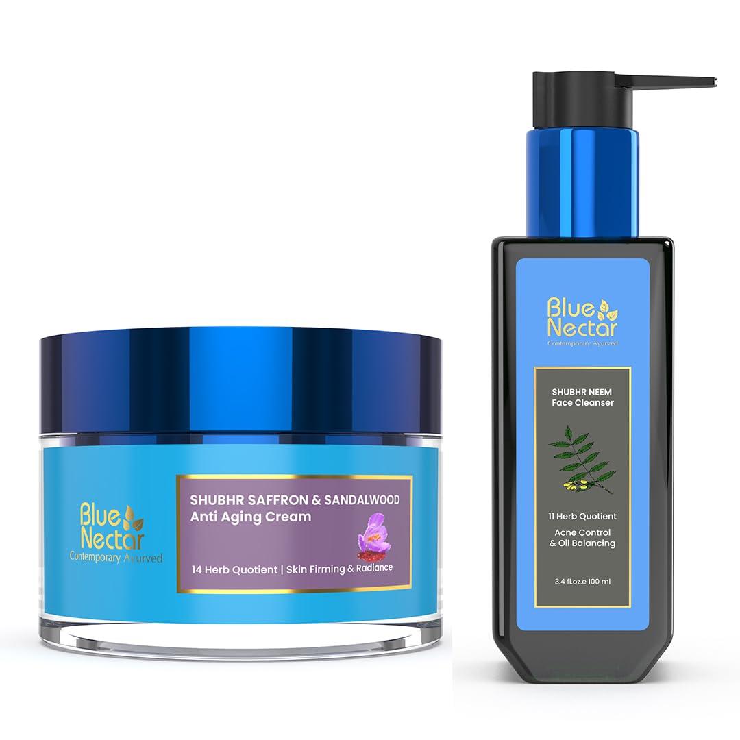 Blue Nectar Blue Nectar Anti Aging Saffron Face Moisturiser for Women (1.7 Fl Oz) Paried with Vitamin C Neem Face Cleanser for youthful, radiant skin(3.38Fl Oz)