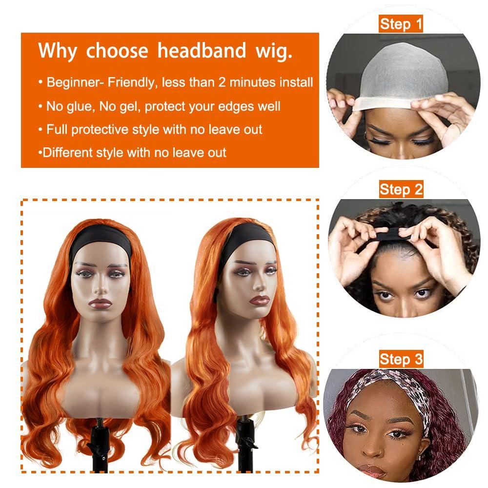MavKuvx 26 Inch #350 Orange Headband Wig Human Hair 150% Density Machine Made Headband Wig Body Wave Ginger Headband Wig Human Hair Glueless None Lace Wig For Black Women Brazilian Virgin Hair