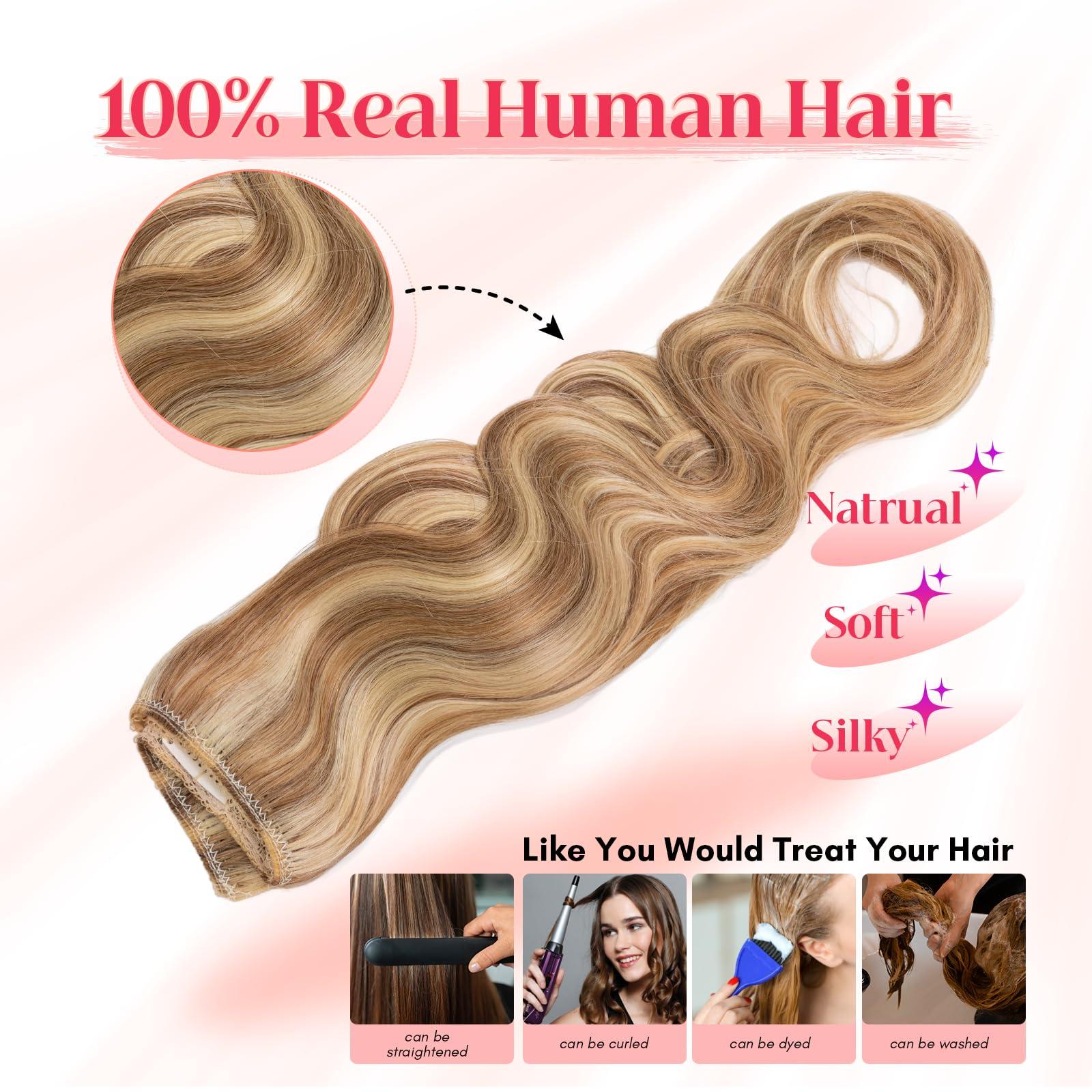 Rich Choices Rich Choices Halo Hair Extensions Real Human Hair Wave Wire In Hair Extensions Human Hair Clip in Human Remy Hair Halo Hair Extension Hair Piece 18 Inch #12P613 Golden Brown Mixed Bleach Blonde