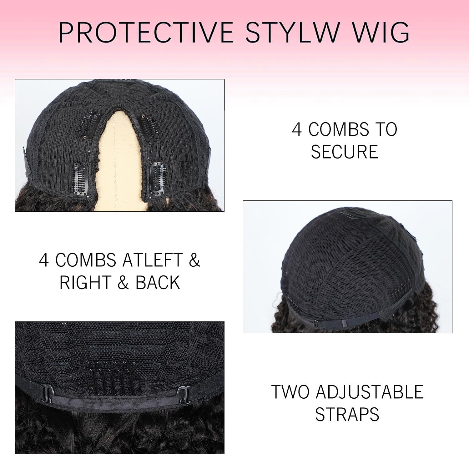 Lealife 18 Inch V Part Wig Human Hair Curly,V Part KinkyCurly Wig for Women,Glueless No Leave Out No Sew in Upgrade U Part Full Head Clip in Natural Black 12A Human Hair 200% Density