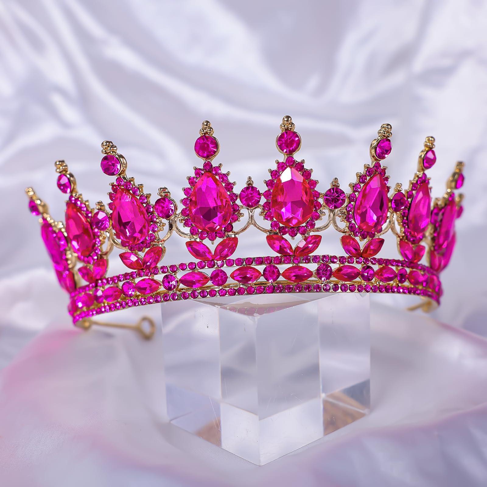 Feltent Tiara Crown for Women Hot Pink Princess Crowns Royal Queen Crowns Wedding Tiaras for Bride Crystal Hair Accessorie for Birthday Halloween Cosplay Christmas Party Prom Gifts