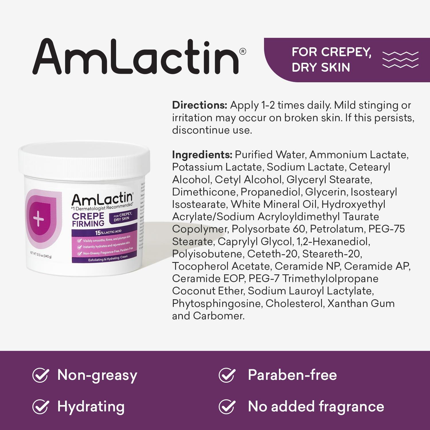 AmLactin AmLactin Crepe Firming Cream - 12 oz Body Cream with 15% Lactic Acid - Exfoliator and Moisturizer for Crepey, Dry Skin