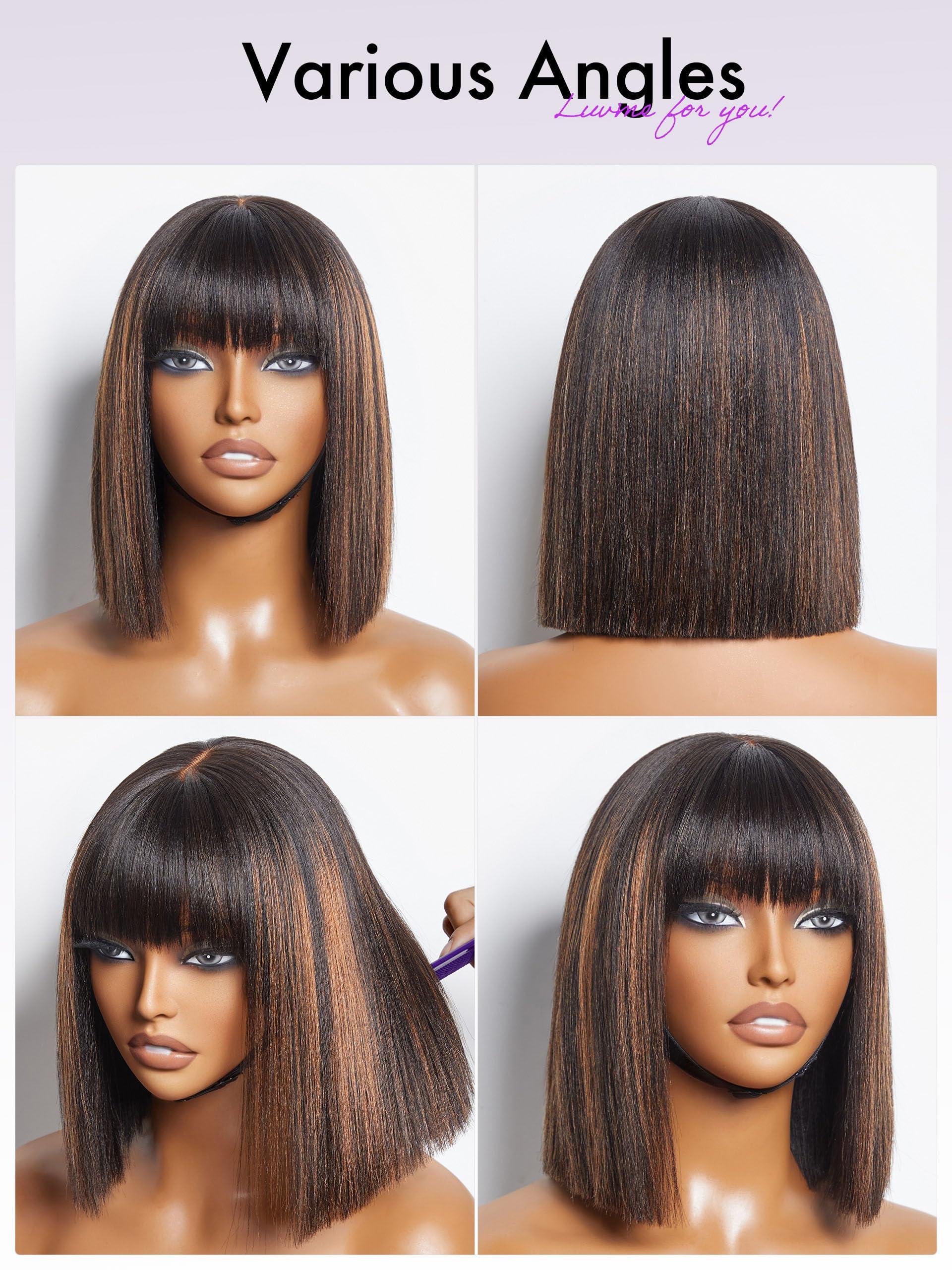 LUVME HAIR LUVME HAIR 10 Inch Yaki Straight Bob Wig with Bangs Human Hair Glueless HD Lace Bob Wig with Brown Highlights, Ready to Go Short Wigs For Women 180 Density (Breathable Cap)