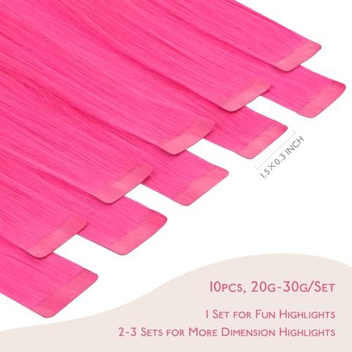 Wennalife WENNALIFE Tape in Hair Extensions Human Hair Hot Pink Tape in Extensions, 10pcs 25g 16 inch Remy Invisible Tape Ins Straight Colored Soft Real Human Hair Tape in Extensions Refill Set Extensions