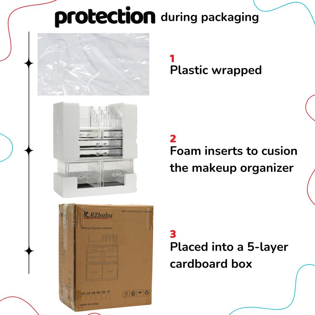 R RZbaba 3 Pack Clear Stackable Makeup Organizer with 6 drawers - Cute Vanity Storage for Cosmetics, Jewelry, Skincare and Hair Clips - Acrylic Countertop Display for Bathroom and Desk - Easy to Clean