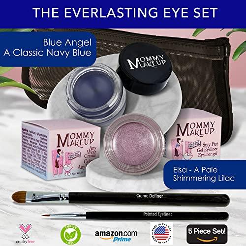 Mommy Makeup The Everlasting Eye 5 Piece Waterproof Makeup Set. Gel Eyeliner, Creme Eyeshadow, 2 brushes and Mesh Bag. Paraben-free, Talc-free, Cruelty-free. Elsa/Blue Angel 1112