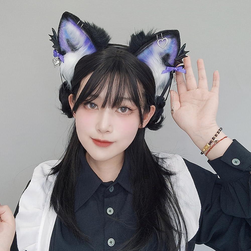 TTYAO REII TTYAO REII Gothic Fox Ears Headband Faux Fur Wolf Cat Hairband Animal Ears Headwear Fluffy Headdress for Anime Cosplay (Black and Purple)
