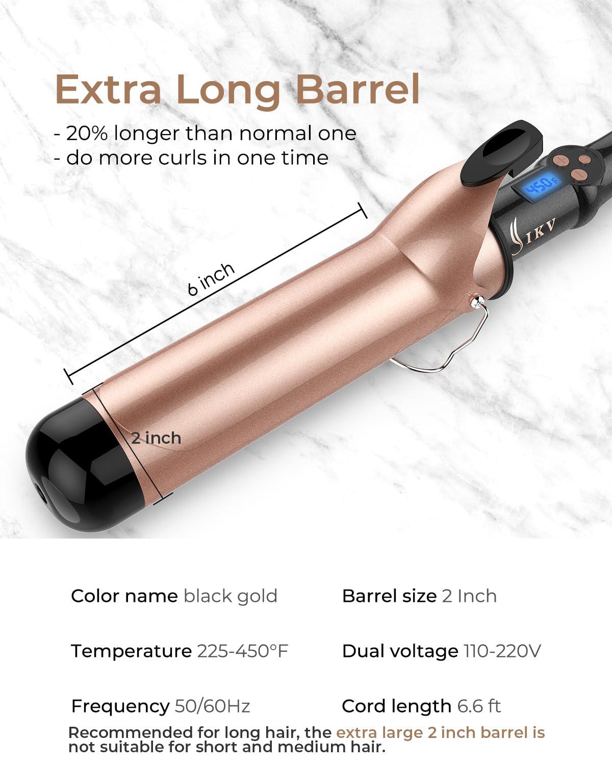 IKV 2 Inch Extra Long Barrel Curling Iron for Long Hair, Large Barrel Curling Wand Ceramic Tourmaline Dual Voltage