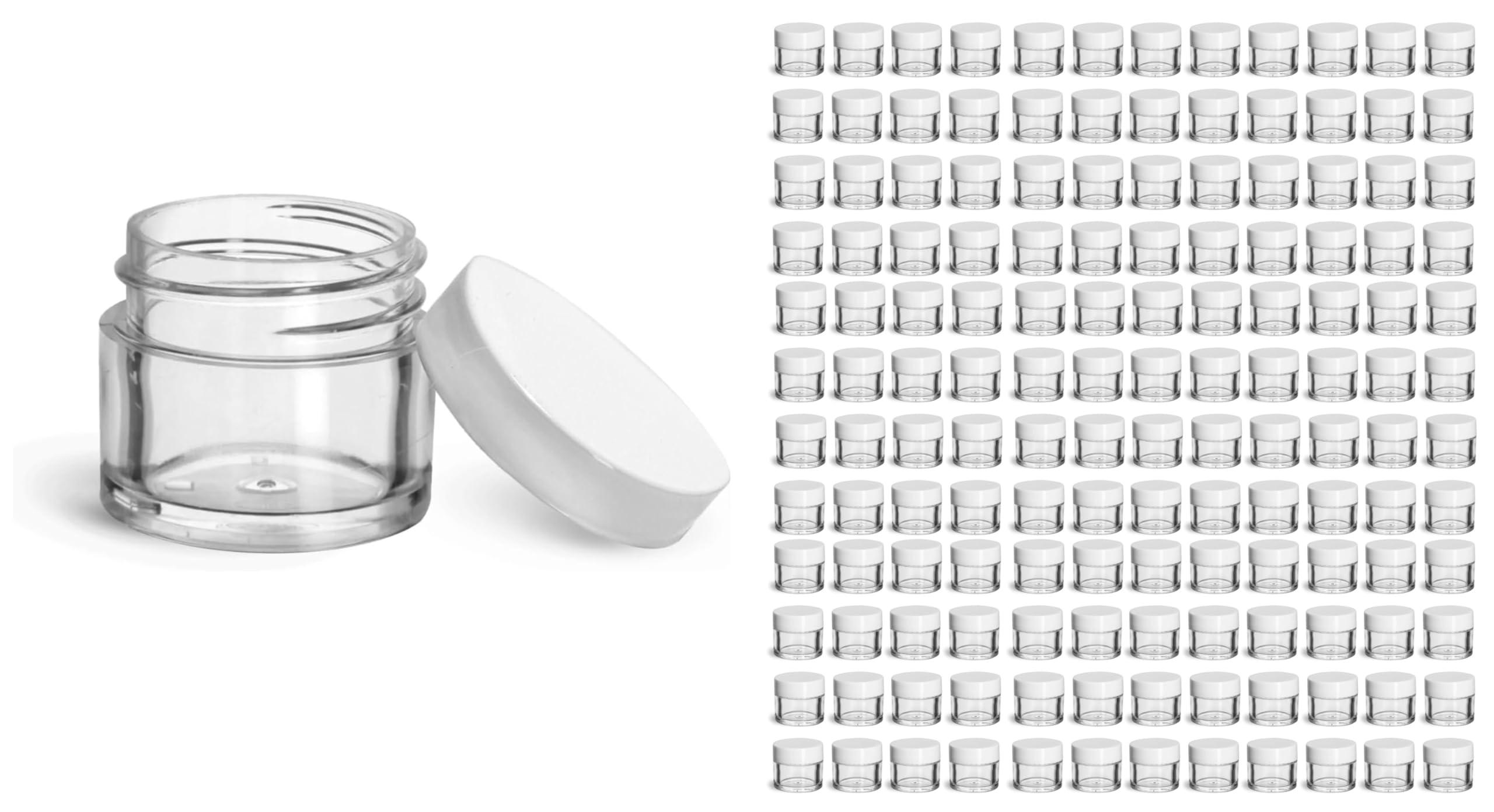 SKS Bottle & Packaging, Inc. 144 Count Empty Plastic Jars with Lids, 1/4 oz Clear Styrene Thick Wall Jars with Lined White Plastic Caps, Small Plastic Jars for Beauty Products, Cosmetics, Lip Balm, Creams, Skin Care, Crafts