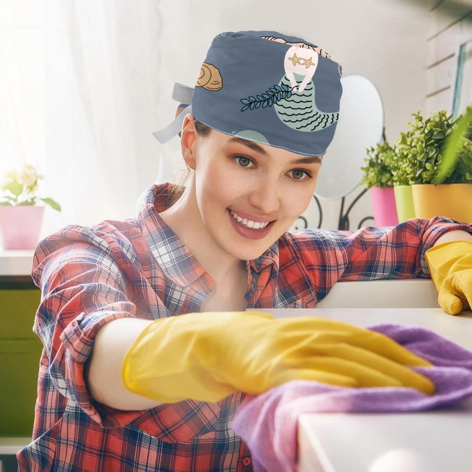 Lyetny Cartoon Sleeping Mermaid with Seashells, Jellyfish, Seaweed, and Sea Horse Scrub Caps Hats Women Bouffant Working Hat Ponytail Holder for Women Long Hair Covers 2PCS