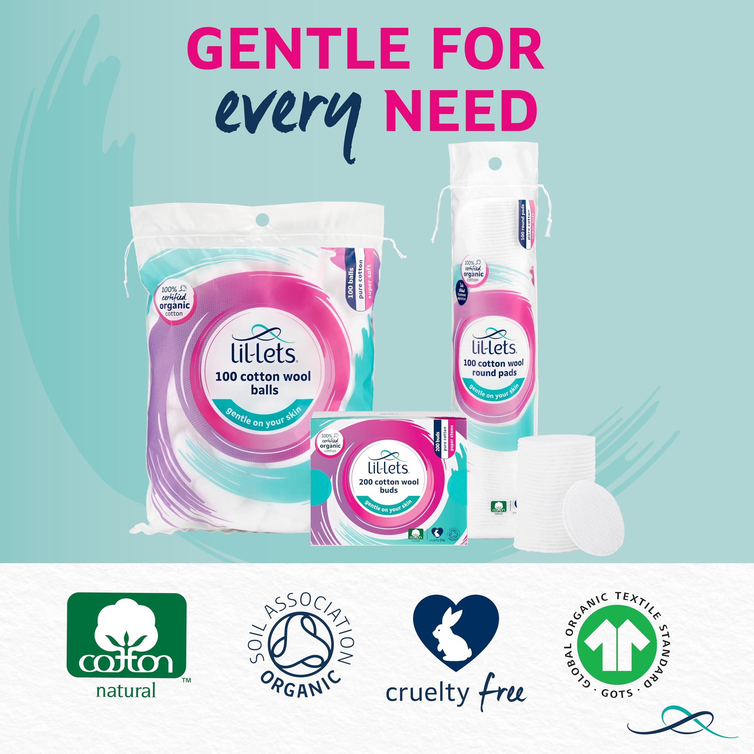 Lil-Lets Lil-Lets Cotton Wool Round Pads, Certified Organic, 100% Pure Cotton Wool, Soft and Absorbent, Gentle on Skin, Dermatologically Tested, Pack of 100 Pads