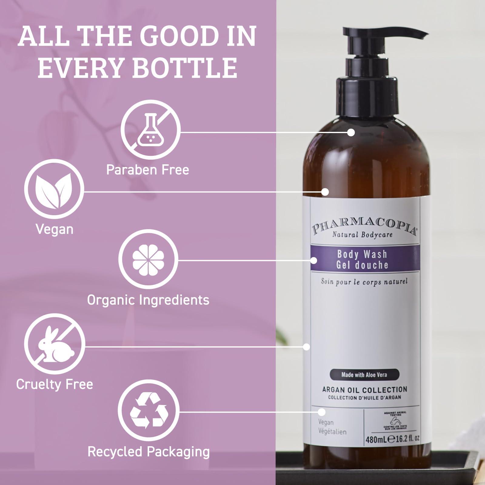 Pharmacopia Pharmacopia Hotel Argan Oil Body Wash - Vegan Moisturizing Shower Gel with Aloe Vera, Coconut Oil and Green Tea Extract - Natural, Organic and Cruelty-Free Skin Care for Men and Women, 16.2 oz