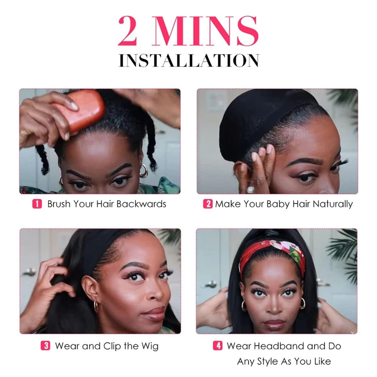 ISEE ISEE Wear and Go Mongolian Afro Kinky Curly Headband Wig Human Hair 200% Density Afro Wigs for Black Women Human Hair Natural Curls Grade 10A Glueless Human Hair Wigs (16 Inch)