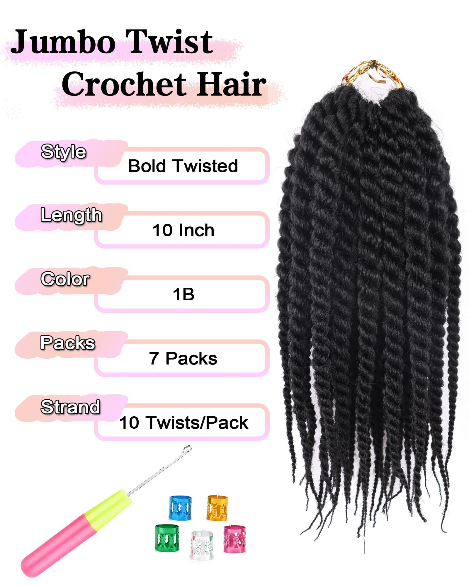 QANSFA 10 Inch 7 Packs Jumbo Senegalese Twist Crochet Hair Short Havana Twist Crochet Braids Pre Looped Crochet Hair for Black Women Crochet Cuban Twist Braiding Hair Kids Kinky Twists (1B)