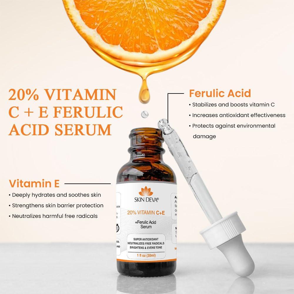 SKIN DEVA SKIN DEVA 20% Vitamin C Serum for Face with Vitamin E Plus Ferulic Acid Skincare Serum 1 fl oz 30 ML Rejuvenates Skin to Fresh & Neutralizes Free Radicals to Brighten Even Vitamin Serum