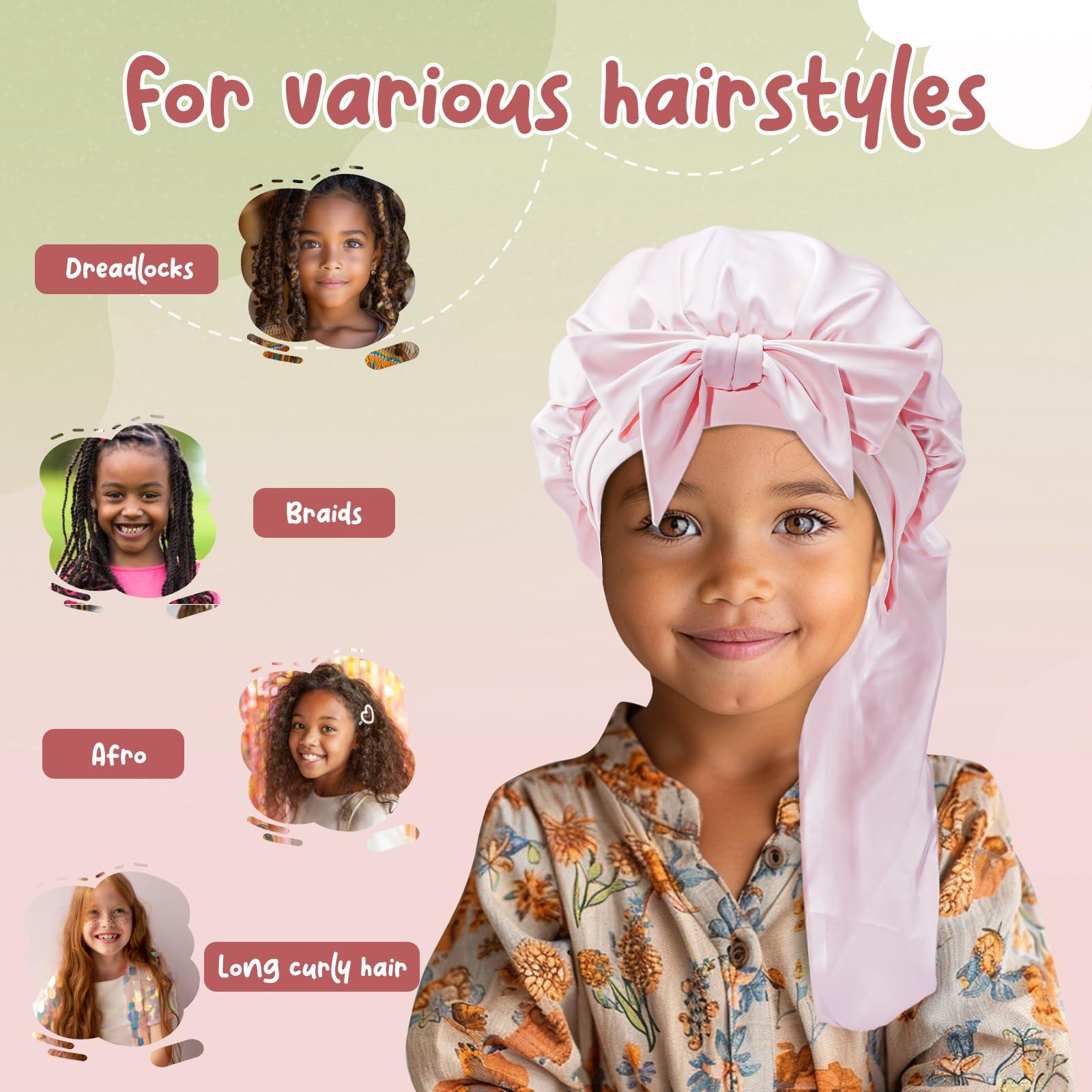 Lolalet Lolalet Kids Bonnets for Girls, Long Silk Bonnet for Sleeping Kids Satin Bonnet Cap with Tie Band for Dreadlocks Braid Afro Curly Hair -2 PCS, Green & Pink