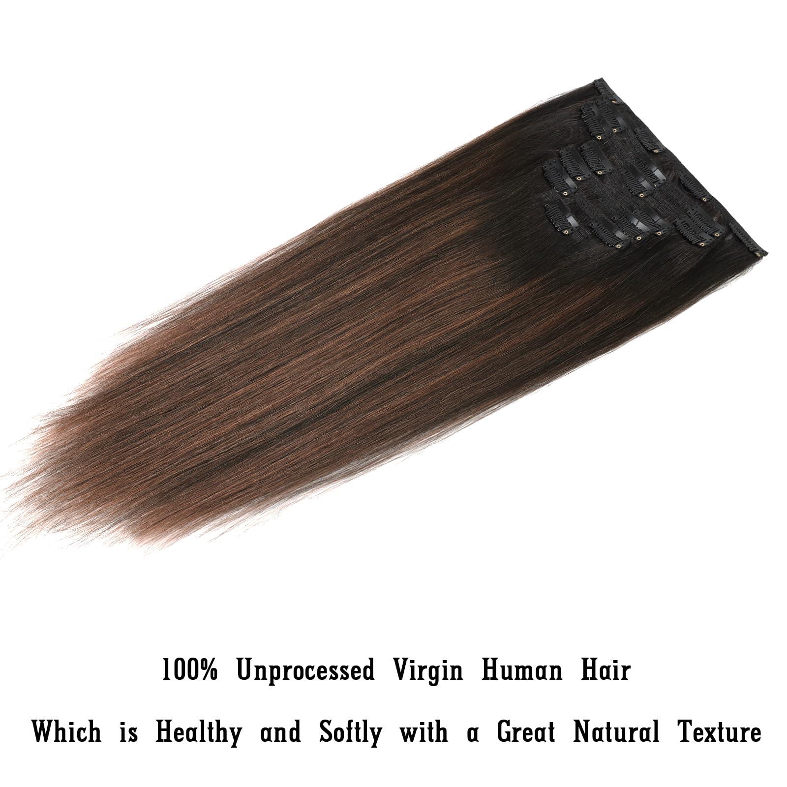 LOVRIO Lovrio Yaki Straight Clip in Human Hair Two Tone Rooted Black to Natural Black #1B Mixed With Chocolate Brown #4 Light Yaki Clip in Remy Human Hair for Black Women Yaki Hair 20 Inch 120G