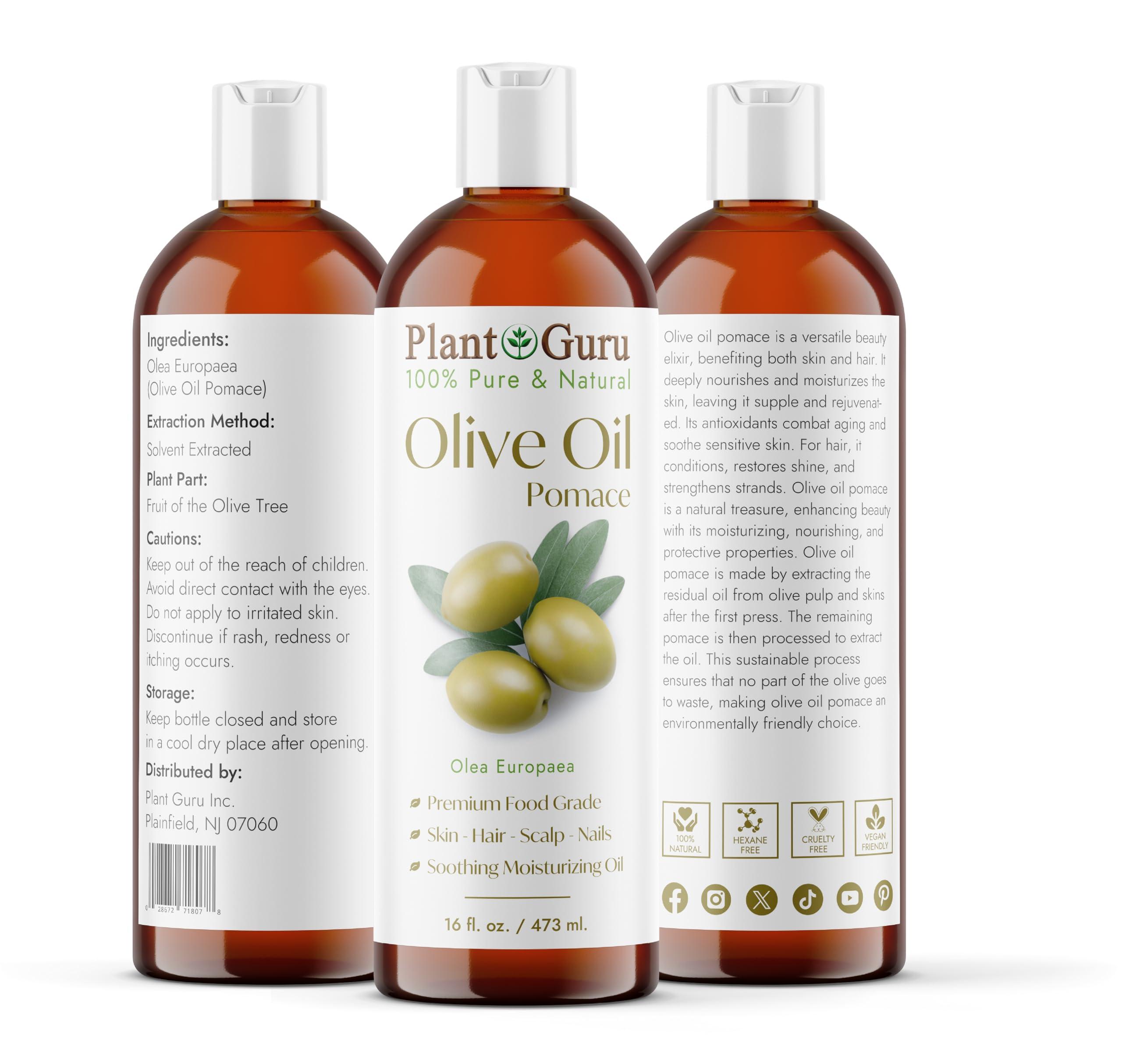 Plant Guru Olive Oil Pomace 16 fl. oz. 100% Pure Natural Carrier Moisturizer For Skin, Body, Face And Hair Growth. Great For DIY Soap Making, Cosmetics and Massage.