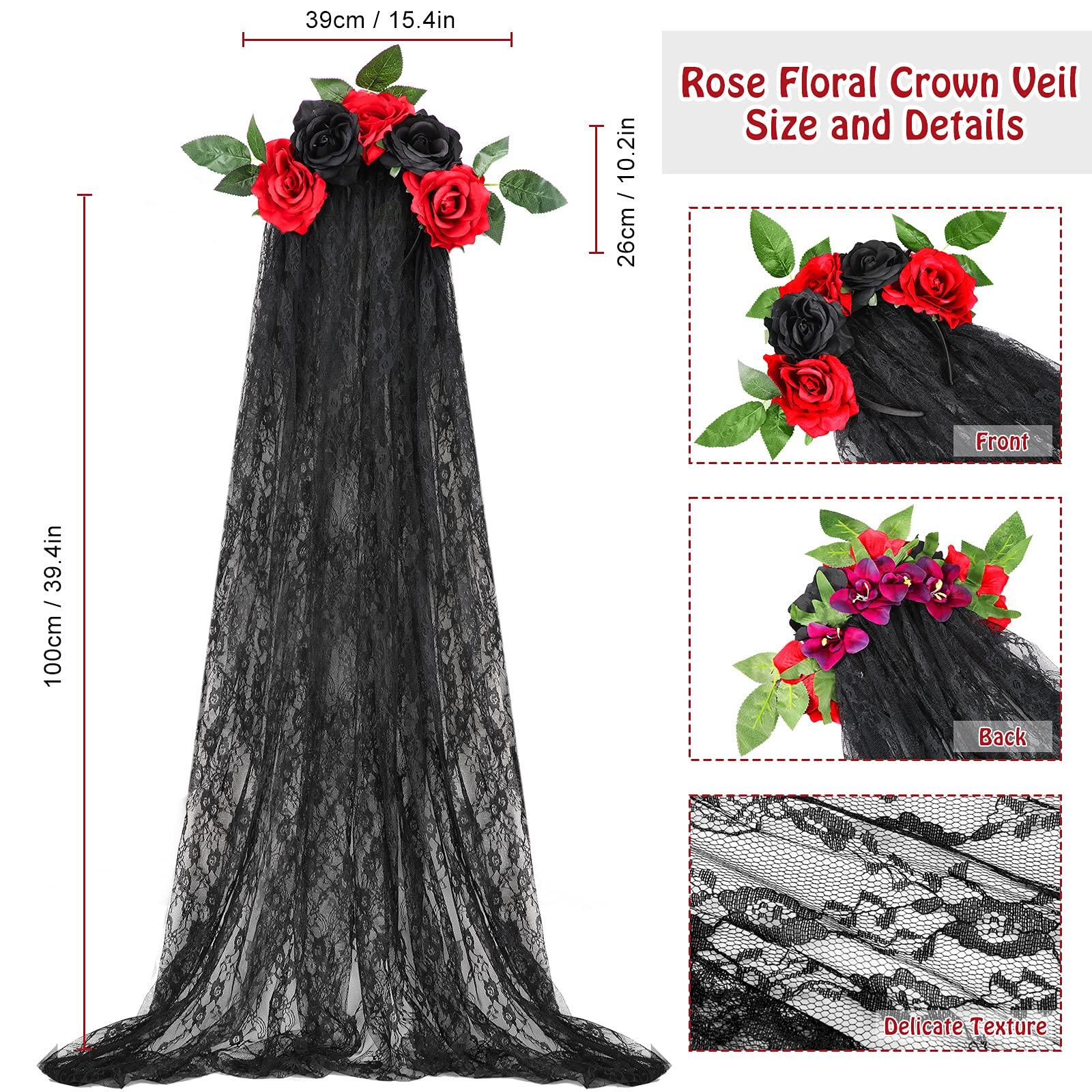 WILLBOND WILLBOND Day of the Dead Headband Halloween Crown Rose Floral Veil Headband Headpiece with 8 Pieces Halloween Temporary Face Tattoos Dead Sugar Skull Tattoos for Costume Party (Red Black,Vivid Style)