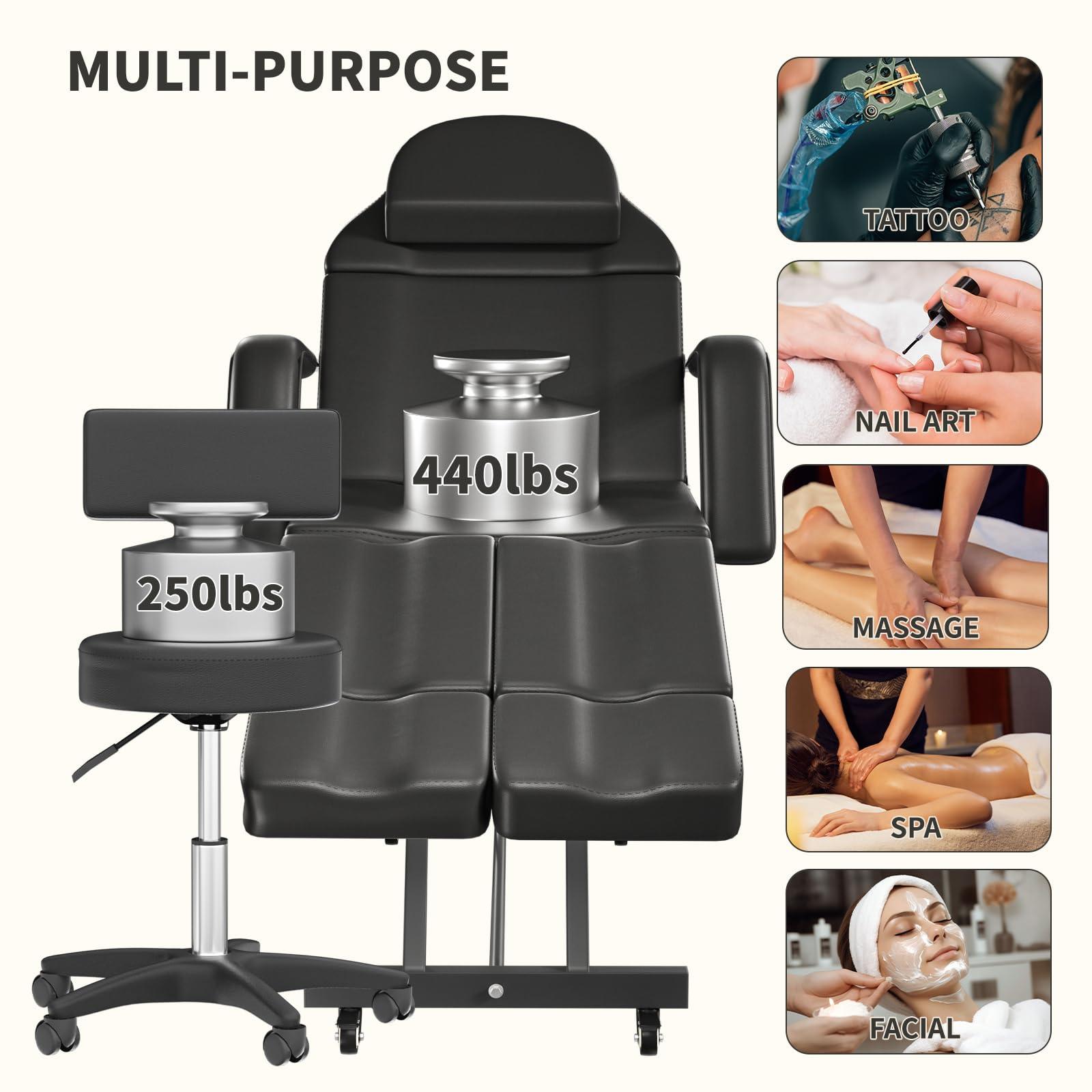 Charmmade Tattoo Chair for Client with Wheels Adjustable Facial Bed for Esthetician Multi-use Massage Table Professional Tattoo Chair for Clients Hold Up to 440lbs, Black