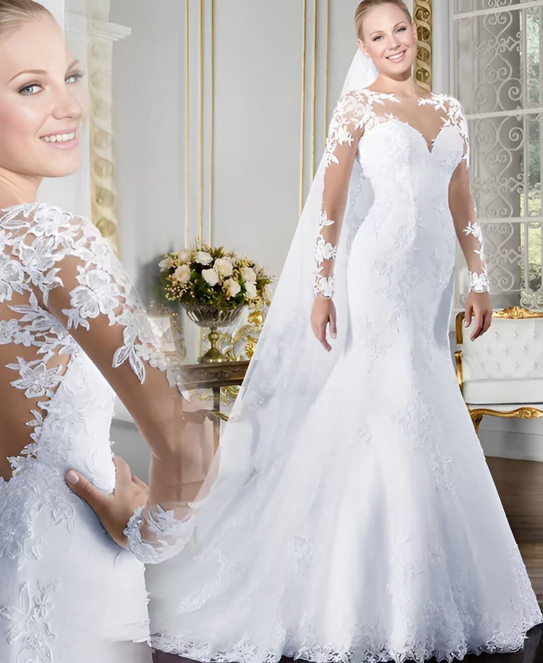 Chady Bridal Dresses for Bride 2021 Plus Size Mermaid Lace Long with Train V-Neck Wedding Gowns for Women White 22