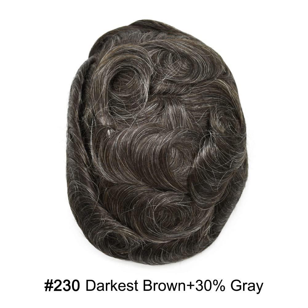 Top Beauty Mens Toupee Hair System For Men 0.06mm Super Thin Skin V-looped Mens Hair Replacement System Natural Hairline Toupee For Men Poly Skin8\"X10\"#230 Darkest Brown with 30% gray hair-90% Light density