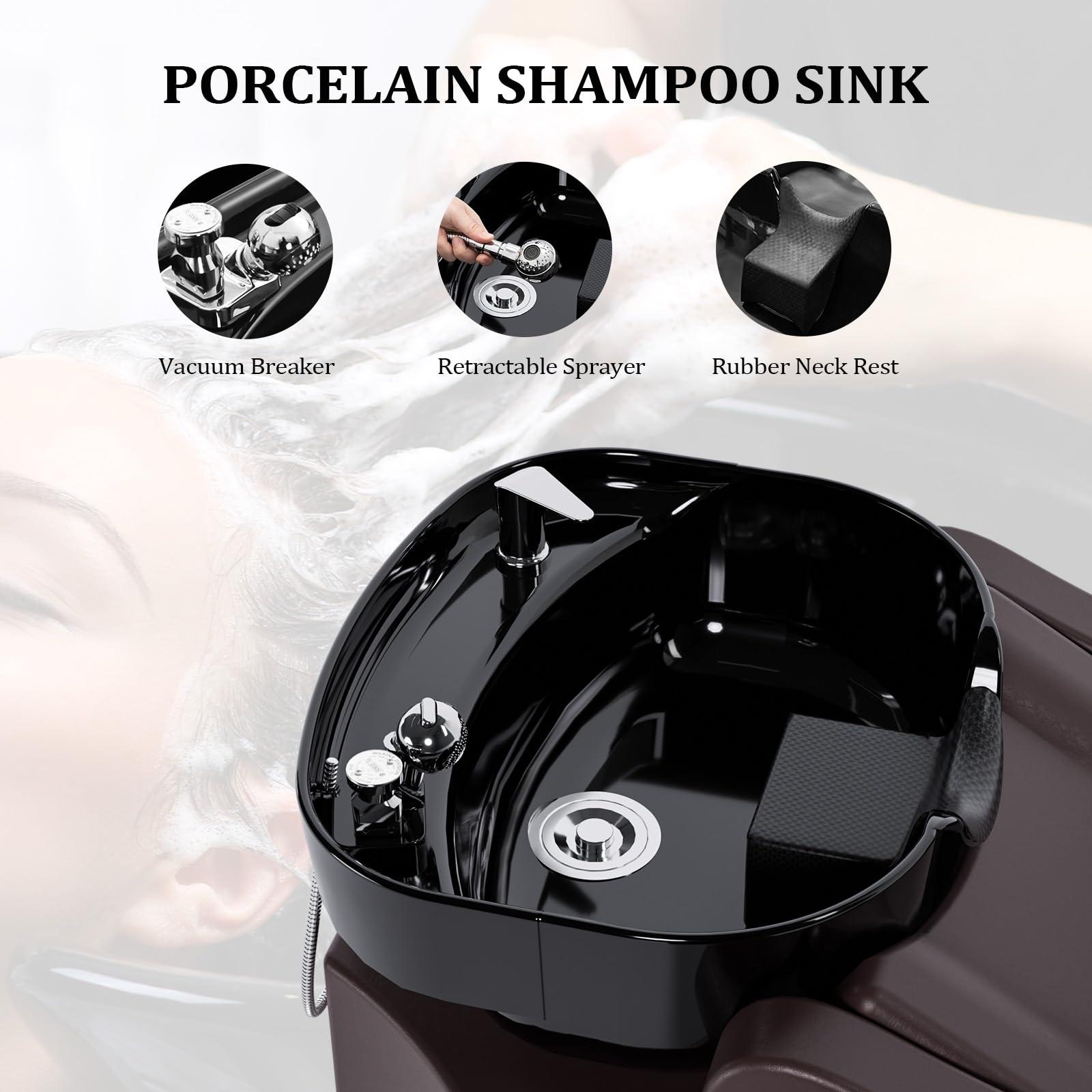 OmySalon OmySalon Shampoo Backwash Unit with Black Porcelain Bowl, Salon Sink Hair Wash Chair Shampoo Station, Barbershop Beauty Spa Massage Hairdressing Equipment