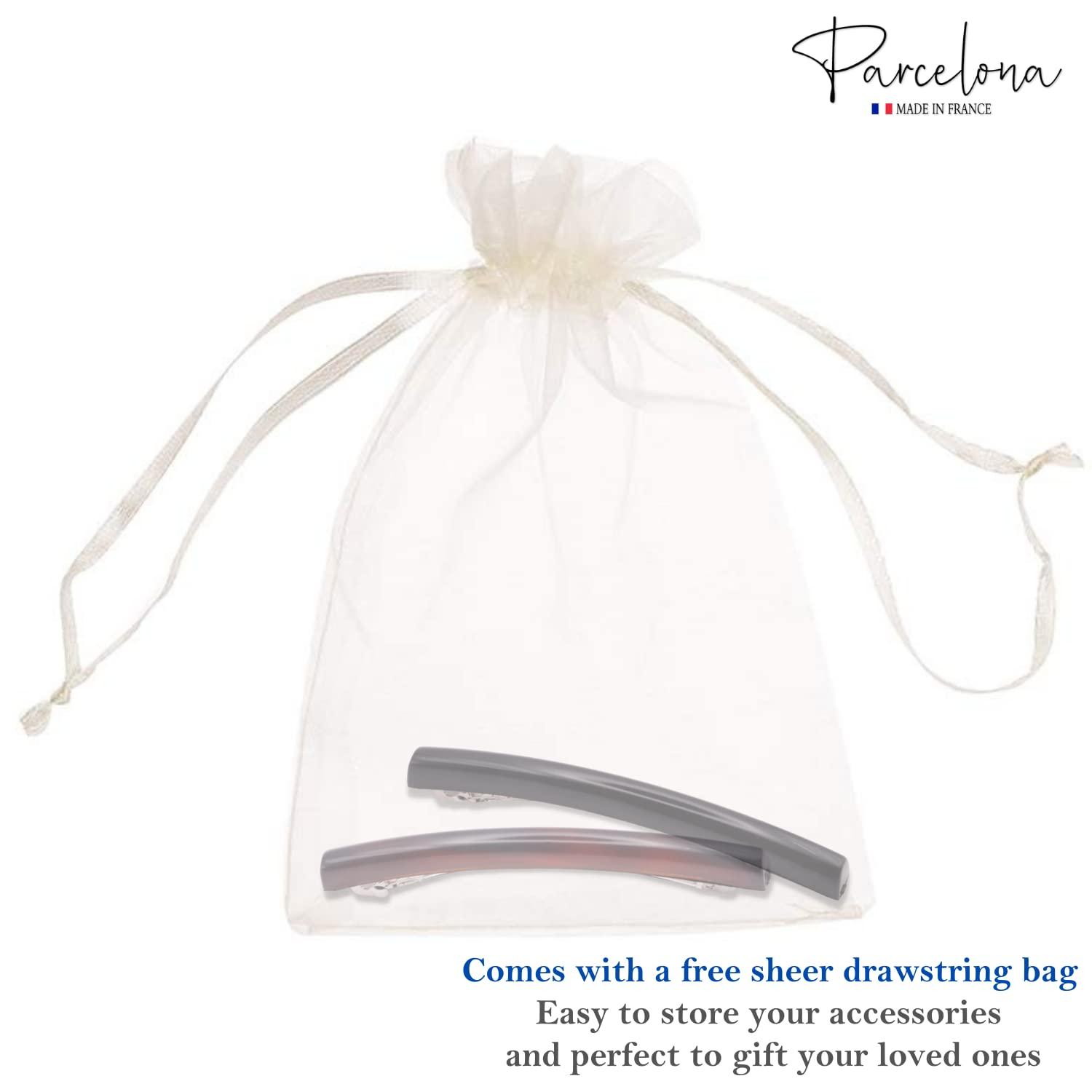 Parcelona Parcelona French Long Narrow Large Celluloid Set of 2 Acetate No Slip Automatic Hair Clips Strong Hold Hair Barrette for Women and Girls, Made in France (Tortoise Shell-Black)