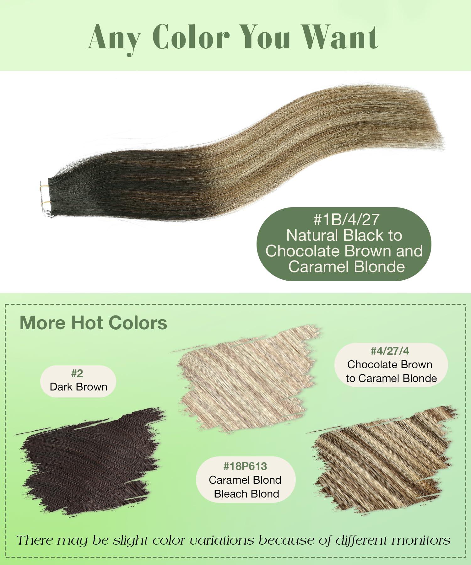 SURNEL SURNEL Tape in Hair Extensions Human Hair 16 inch Tape in Hair Extensions Color 1B Fading to 4 Brown Highlighted 27 Blonde Tape Hair Extensions 20 pcs 50g(#1B/4/27-16)