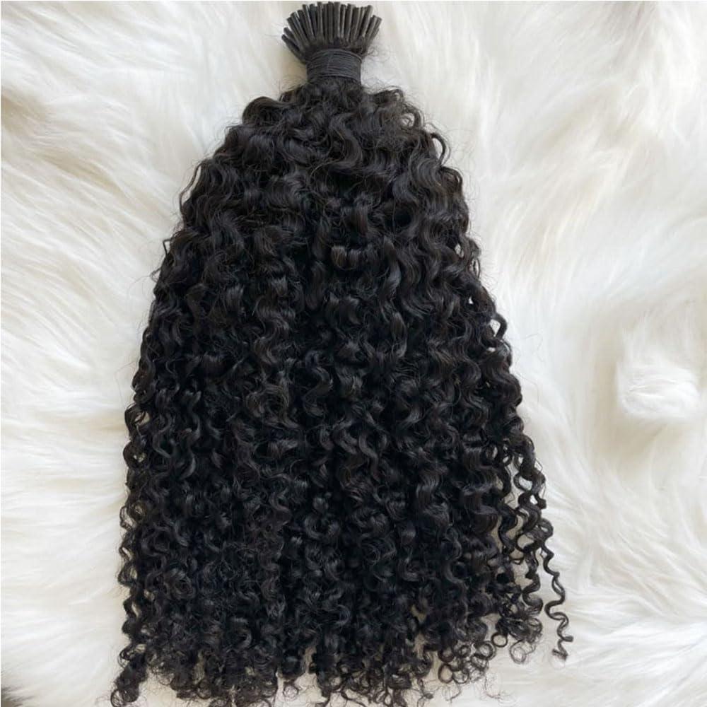 Young beauty Itip Human Hair Extensions for Black Women Kinky Curly Itips Microlinks Hair Extensions 300Strands/Pack Afro Kinky Curly I-Tips Hair Extensions 16 16 16inch Natural Black