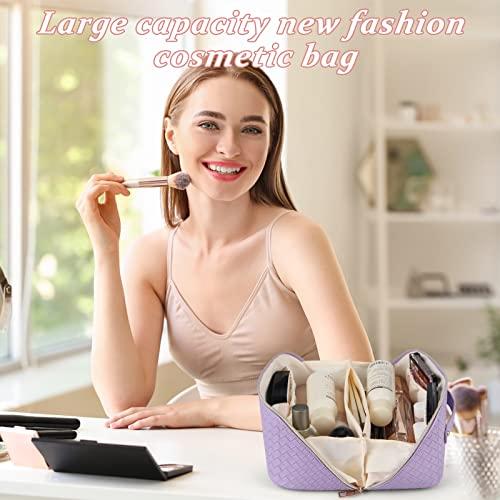 Ineowelly Cosmetic Bags for Women,Travel Makeup Bag Large Capacity Travel Cosmetic Bag PU Leather with Handle, Multifunctional Makeup Bag Organizer Toiletry Bag for Cosmetic Skincare Toiletries(light-purple?