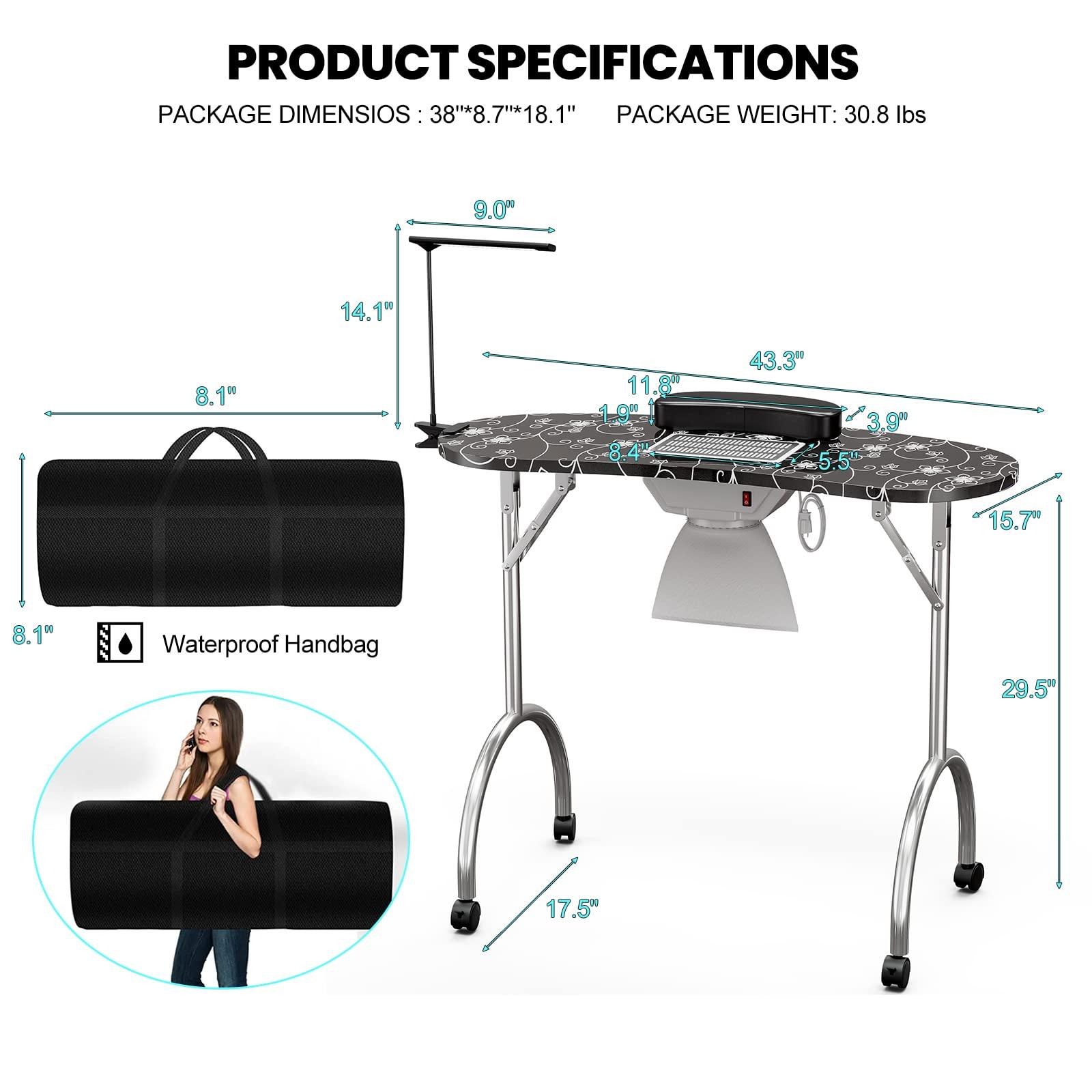 OOTDxvv Portable Manicure Table, Folding Nail Desk Nail Art Table Workstation for Teach with LED-Light, Lockable Wheels, Wrist Rest, Carry Bag for Home Manicure Spa Salon Professtional Nail Painting (Black)