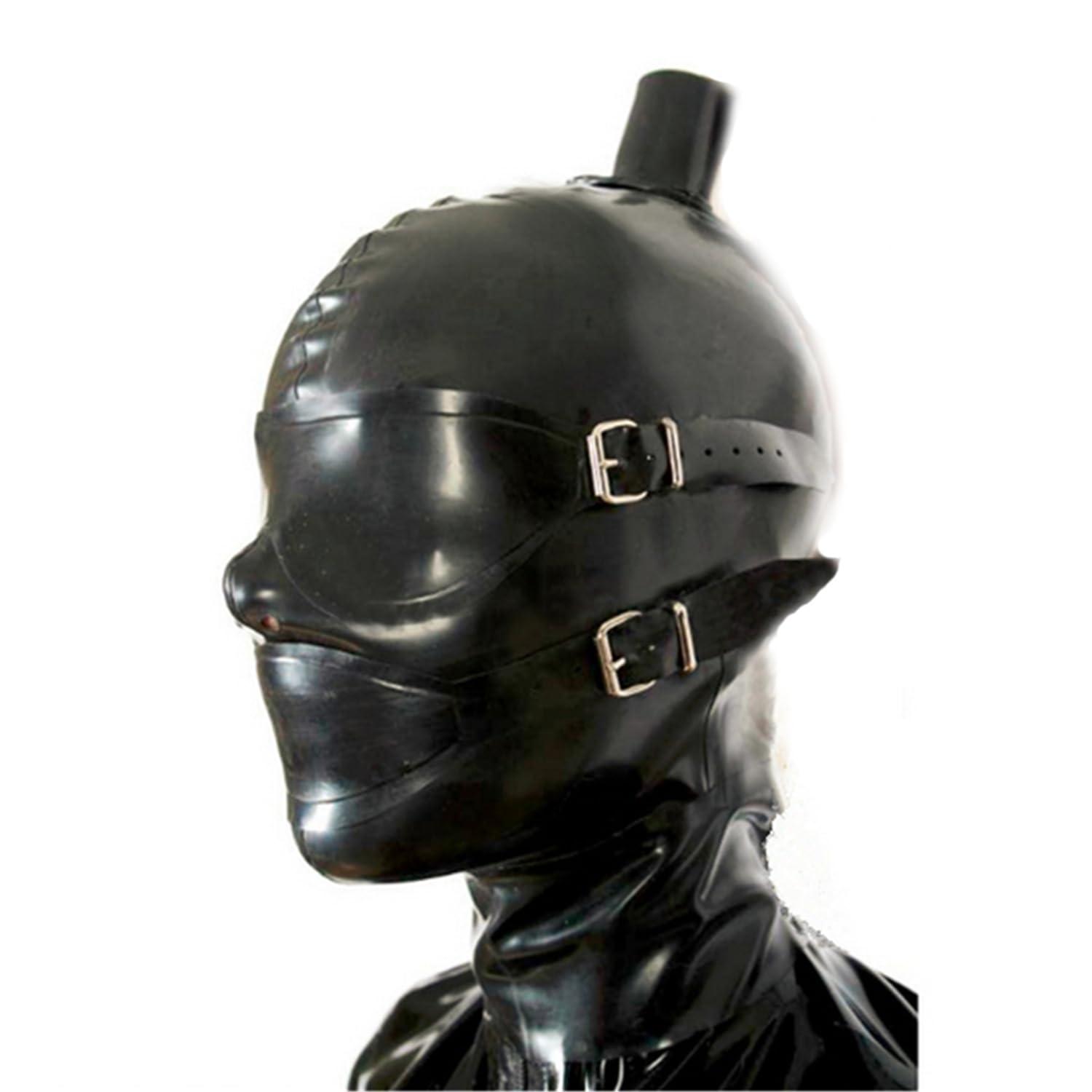 LatexFetish Black Latex Hood Mask with Blond Ponytail Wig and Removable Blindfold and Mouth Piece Back Zipper Open Eyes Mouth Nose (with blond wig, Small, with black JJ gag)