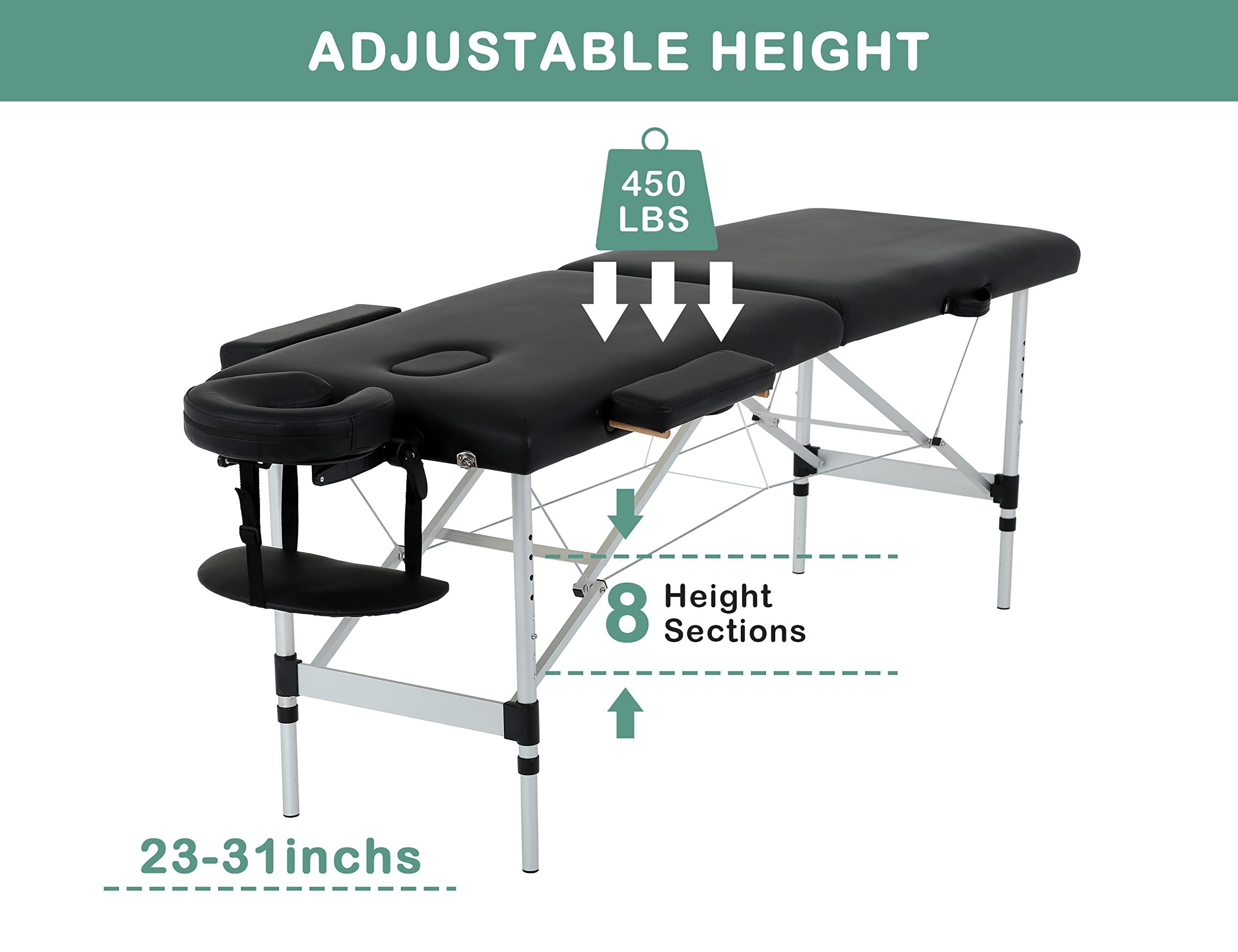 MKDLUFEI Massage Table, 2 Fold Lash Bed, Massage Bed Portable for Eyelash Extensions, Wide Massage Table with Carrying Bag, Massage Tables with Face Cradle & Handle, Portable Chiropractic Table - Black