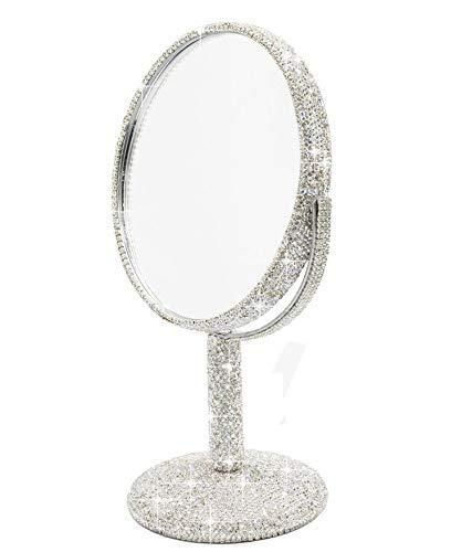 Bestbling Bestbling Bling Rhinestone Portable Magnified Double Sided Swivel Makeup Vanity Mirror, 360°Rotate Makeup Mirror Round Shaped Two-Sided Makeup Mirror (Silver)