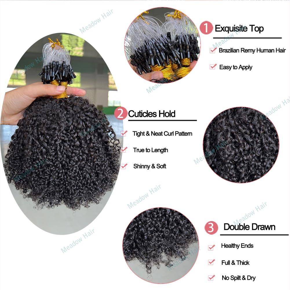 Meadow hair Afro Kinky Curly Micro Link Human Hair Extensions Brazilian Virgin Micro Links Hair Extensions 100 Strand Micro Loop Real Human Hair Extensions For Black Women 80G 16Inch