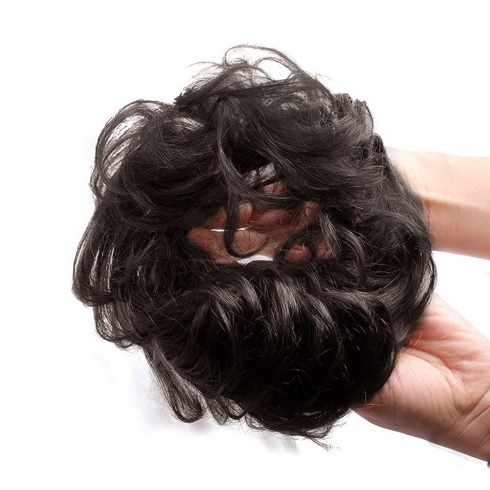 Bella Hair Bella Hair 100% Real Human Hair Scrunchie Messy Bun Hair Pieces for Women, Natural Looking Elastic Wavy Curly Up-Do Chignon Extensions (#1B Natural Black)