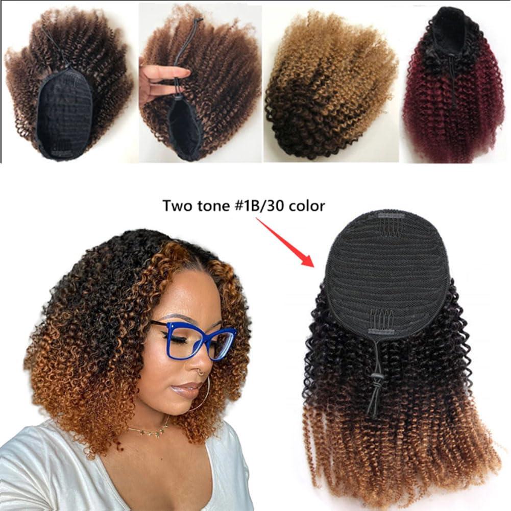Kiss darling LASHES Two Tone 1b/30 Afro KInkys Curly Drawstring Ponytail Human Hair Extensions for Women 8inch 110g 4C Curly Clip On Ponytails Extension For Women Black to Light Auburn