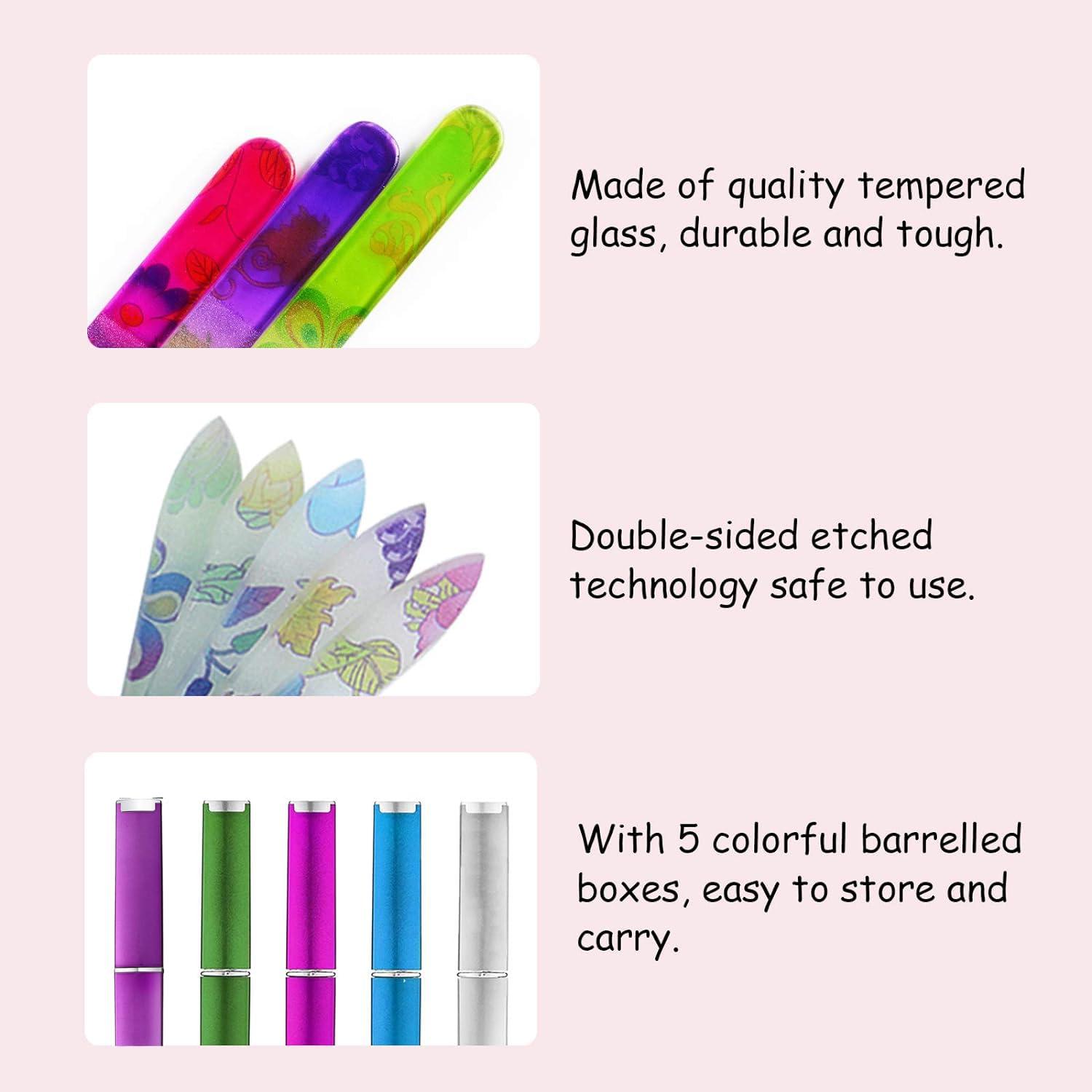 LUOTIVON 5 Pack Glass Nail File with Case, Crystal Fingernail Files, Double Sided Finger Nail Files, Professional Manicure Nail Care for Presents (Printed-5PCS with Case), Christmas Gifts Stocking Stuffers