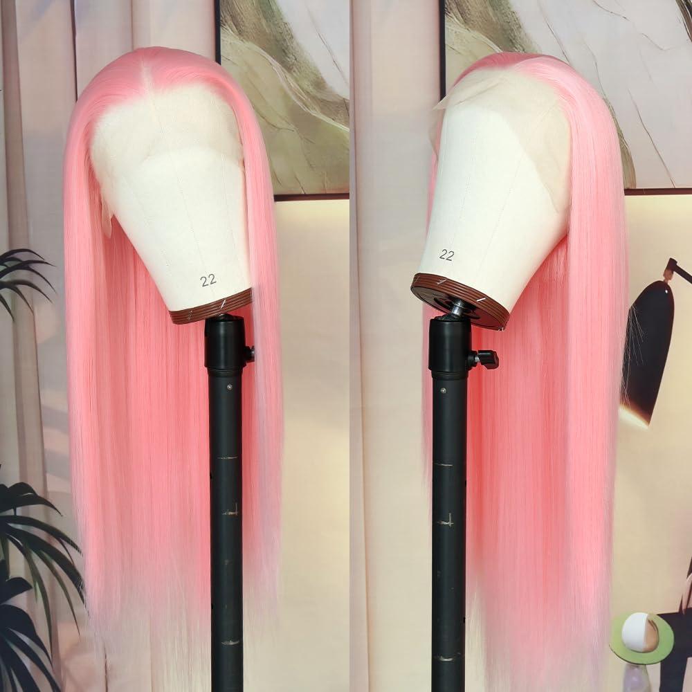 Oxeely Oxeely Light Pink Synthetic Lace Front Wigs Long Straight Hair Pink Lace Wigs Natural Hairline Pre Plucked Glueless Synthetic Lace Wigs Heat Resistant Fiber Hair Light Pink Wigs for Women Daily Wear